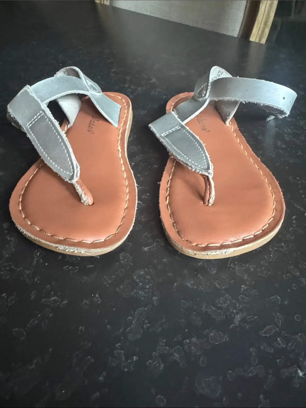 Salt Water Sandals by Hoy Silver T-Strap Kids Sandals with Tan Footbed